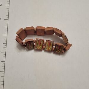 Vintage Wooden Guadalupe Stretch Bracelet with Prayer Icon Tiles, Brown Beads